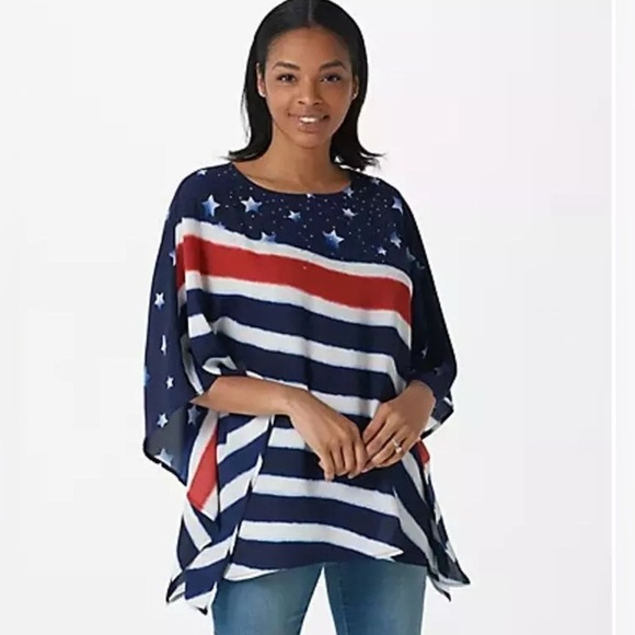 Quacker Factory Scarf Top Womens 2X Caftan Poncho Patriotic Flag Americana QVC - Picture 1 of 11